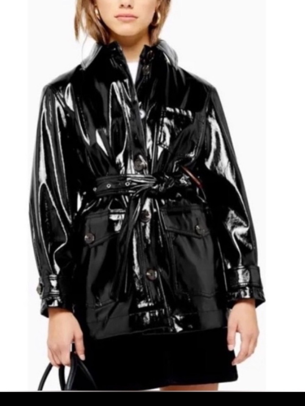 Topshop Casey Belted Vinyl Button Up Coat. Size 8